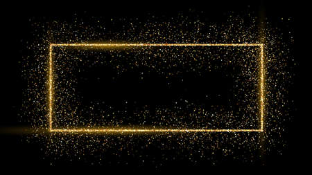 Golden rectangle frame with glitter, sparkles and flares on dark background. Empty luxury backdrop. Vector illustration.のイラスト素材
