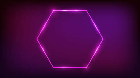 Neon hexagon frame with shining effects on dark background. Empty glowing techno backdrop. Vector illustration.のイラスト素材