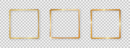 Double square shiny frames with glowing effects. Set of three gold double square frames with shadows on transparent background. Vector illustrationのイラスト素材