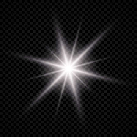 Light effect of lens flare. White glowing light explodes with starburst effects and sparkles on a transparent background. Vector illustrationのイラスト素材