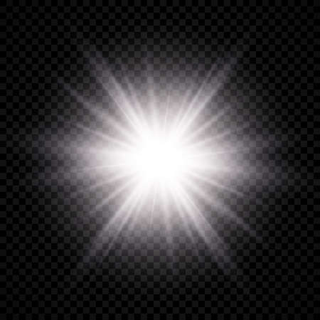 Light effect of lens flare. White glowing light explodes with starburst effects and sparkles on a transparent background. Vector illustrationのイラスト素材
