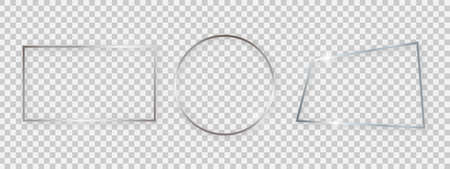Shiny frames with glowing effects. Set of three silver frames with shadows on transparent background. Vector illustrationのイラスト素材