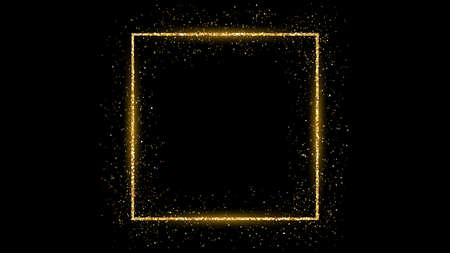 Golden square frame with glitter, sparkles and flares on dark background. Empty luxury backdrop. Vector illustration.のイラスト素材