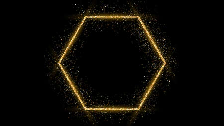 Golden hexagon frame with glitter, sparkles and flares on dark background. Empty luxury backdrop. Vector illustration.のイラスト素材