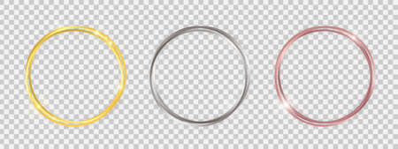 Double round shiny frames with glowing effects. Set of three gold, silver and rose gold double round frames with shadows on transparent background. Vector illustrationのイラスト素材