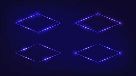 Set of four neon rhomb frames with shining effects on dark background. Empty glowing techno backdrop. Vector illustration.のイラスト素材