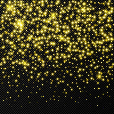 Gold backdrop with stars and dust sparkles isolated on dark transparent background. Celebratory magical Christmas shining light effect. Vector illustration.のイラスト素材
