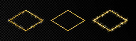 Shiny frames with glowing effects. Set of three glitter gold rhombuses frames on transparent background. Vector illustrationのイラスト素材