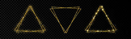 Shiny frames with glowing effects. Set of three glitter gold double triangle frames on transparent background. Vector illustrationのイラスト素材