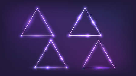 Set of four neon triangle frames with shining effects on dark background. Empty glowing techno...