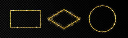 Shiny frames with glowing effects. Set of three glitter gold rectangle, rhombus and round frames on transparent background. Vector illustrationのイラスト素材