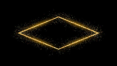 Golden rhombus frame with glitter, sparkles and flares on dark background. Empty luxury backdrop. Vector illustration.のイラスト素材