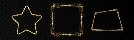 Shiny frames with glowing effects. Set of three glitter star, double square and double trapezoid frames on transparent background. Vector illustrationのイラスト素材