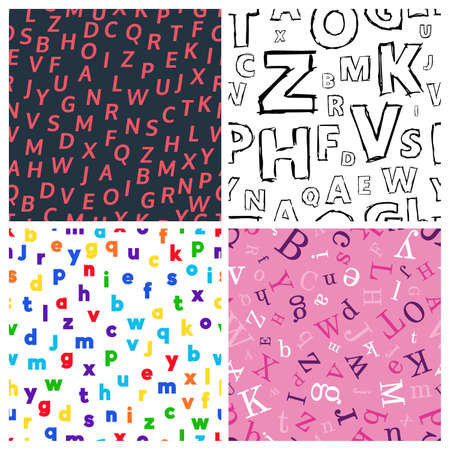 Alphabet seamless background. Set of four endless vector pattern with letters. Vector illustration