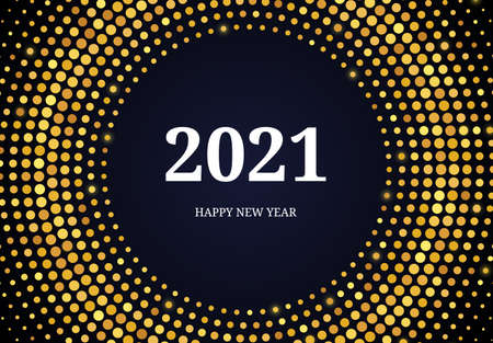 2021 Happy New Year of gold glitter pattern in circle form. Abstract gold glowing halftone dotted background for Christmas holiday greeting card on dark background. Vector illustrationのイラスト素材