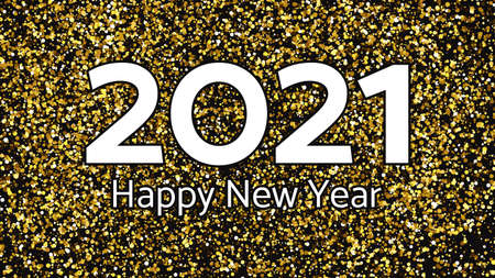 2021 Happy New Year gold background. Abstract backdrop with a white inscription on gold glitter for...