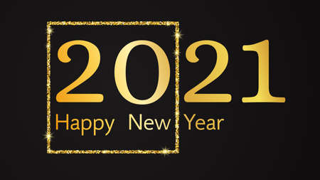 2021 Happy New Year background. Gold inscription in a gold glitter square for Christmas holiday...