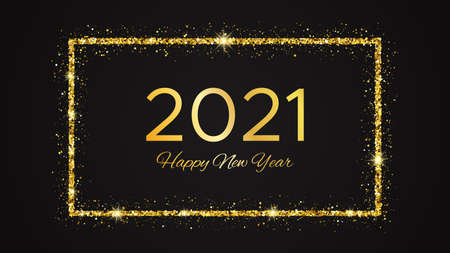 2021 Happy New Year background. Gold inscription in a gold glitter rectangle for Christmas holiday...