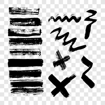 Black grunge brush strokes. Big set of painted brush ink wave lines, stripes and crosses. Ink spot isolated on transparent background. Vector illustrationのイラスト素材
