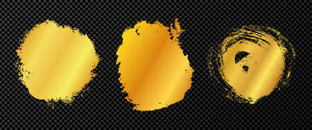Gold grunge brush strokes. Set of three painted in gold brush ink stains. Ink spot isolated on dark transparent background. Vector illustrationのイラスト素材