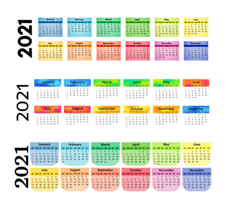Set of three horizontal calendars for 2021 isolated on a white background. Sunday to Monday, business template. Vector illustrationのイラスト素材