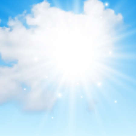 Natural background with clouds and sun on blue sky. Realistic cloud on blue backdrop. Vector illustrationのイラスト素材