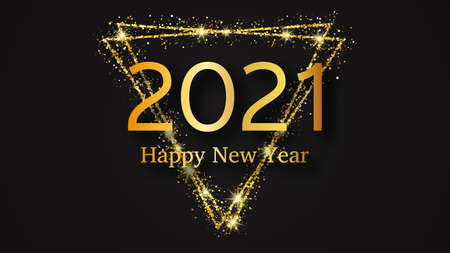 2021 Happy New Year background. Gold inscription in a gold glitter triangle for Christmas holiday...