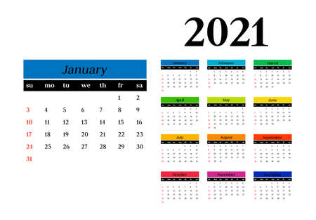 Calendar for 2021 isolated on a white background. Sunday to Monday, business template. Vector illustration
のイラスト素材