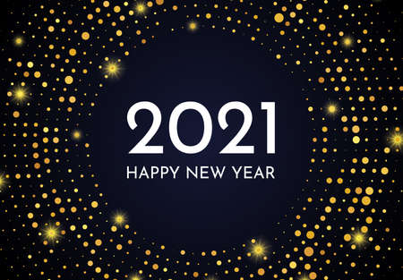 2021 Happy New Year of gold glitter pattern in circle form. Abstract gold glowing halftone dotted background for Christmas holiday greeting card on dark background. Vector illustrationのイラスト素材