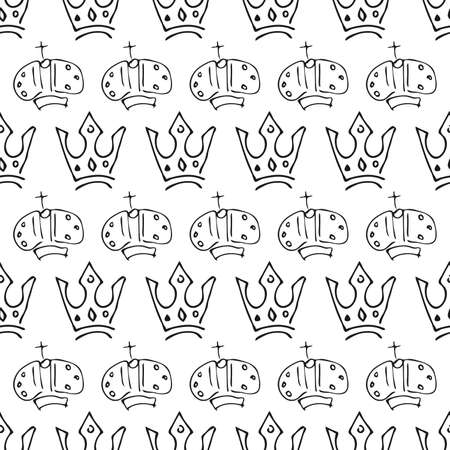 Hand drawn crowns. Seamless pattern of simple graffiti sketch queen or king crowns. Royal imperial coronation and monarch symbols. Vector illustration.のイラスト素材