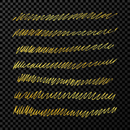 Set of doodle style various wavy lines and strokes. Gold hand drawn design elements on dark transparent background. Vector illustrationのイラスト素材