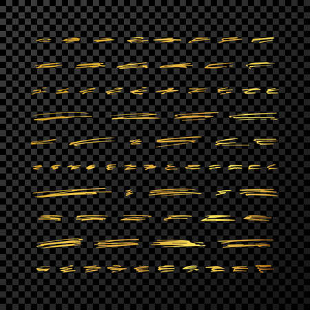 Set of doodle style various marker borders and strokes. Gold hand drawn design elements on dark transparent background. Vector illustrationのイラスト素材