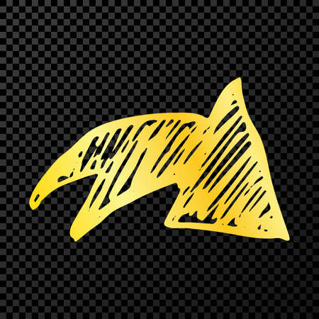 Gold hand drawn arrow. Sketch of gold doodle arrow isolated on dark transparent background. Vector illustration.のイラスト素材