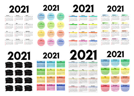 Set of eight vertical calendars for 2021 isolated on a white background. Sunday to Monday, business...