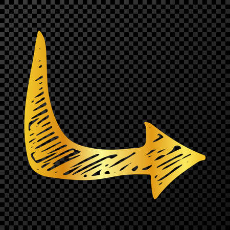Gold hand drawn arrow. Sketch of gold doodle arrow isolated on dark transparent background. Vector illustration.のイラスト素材