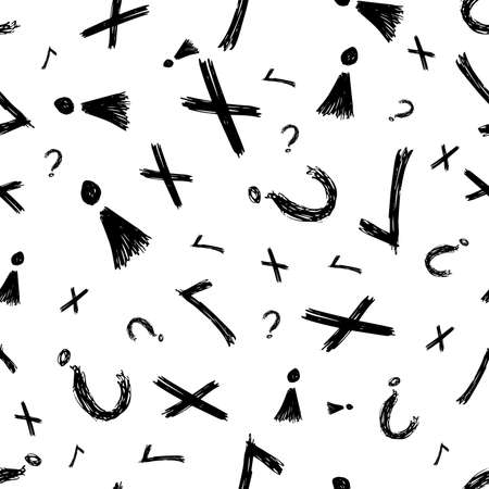 Seamless pattern with hand drawn check, cross, exclamation and question mark symbols. Black sketch check symbol on white background. Vector illustrationのイラスト素材