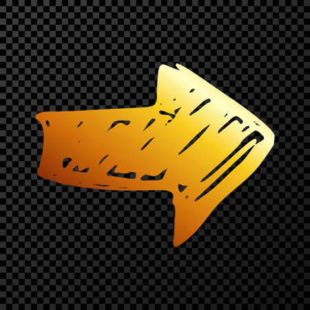 Gold hand drawn arrow. Sketch of gold doodle arrow isolated on dark transparent background. Vector illustration.のイラスト素材
