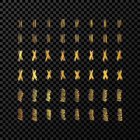 Set of doodle style various marker borders and strokes. Gold hand drawn design elements on dark transparent background. Vector illustrationのイラスト素材