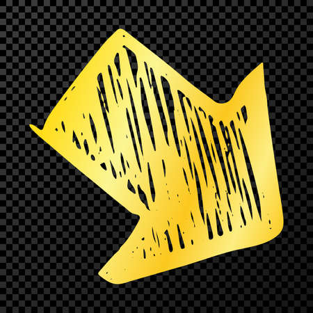 Gold hand drawn arrow. Sketch of gold doodle arrow isolated on dark transparent background. Vector illustration.のイラスト素材