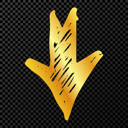 Gold hand drawn arrow. Sketch of gold doodle arrow isolated on dark transparent background. Vector illustration.のイラスト素材