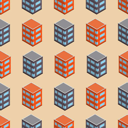 Isometric building seamless pattern. Urban architecture concept background. City buildings in isometric style. Vector illustration.のイラスト素材