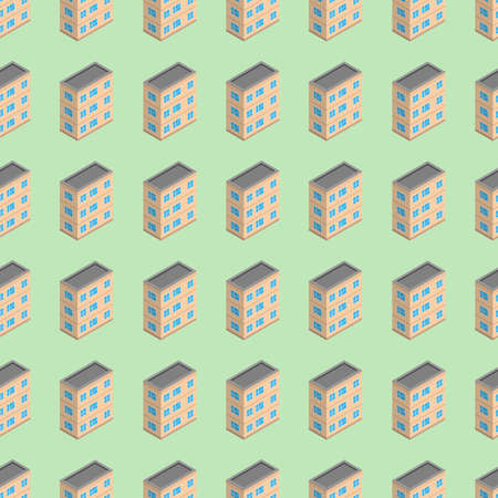Isometric building seamless pattern. Urban architecture concept background. City buildings in isometric style. Vector illustration.のイラスト素材