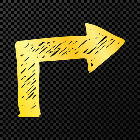 Gold hand drawn arrow. Sketch of gold doodle arrow isolated on dark transparent background. Vector illustration.のイラスト素材