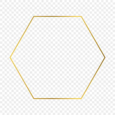Gold glowing hexagon frame isolated on transparent background. Shiny frame with glowing effects. Vector illustration.のイラスト素材