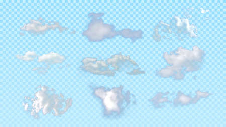 Isolated realistic clouds on blue transparent background. Set of nine natural elements for template decoration and mockup. Vector illustrationのイラスト素材