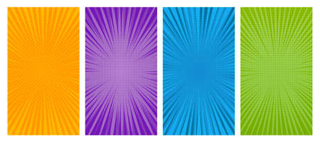 Set of four comic book pages backgrounds in pop art style with empty space. Template with rays, dots and halftone effect texture. Vector illustrationのイラスト素材