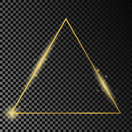 Gold glowing triangle frame isolated on dark transparent background. Shiny frame with glowing effects. Vector illustration.のイラスト素材