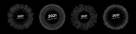 Set of four fireworks with inscription 2021 and Happy New Year. White line rays  isolated on black...