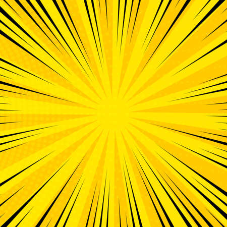 Yellow comic book page background in pop art style with empty space. Template with rays, dots and halftone effect texture. Vector illustrationのイラスト素材