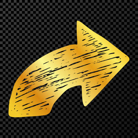 Gold hand drawn arrow. Sketch of gold doodle arrow isolated on dark transparent background. Vector illustration.のイラスト素材